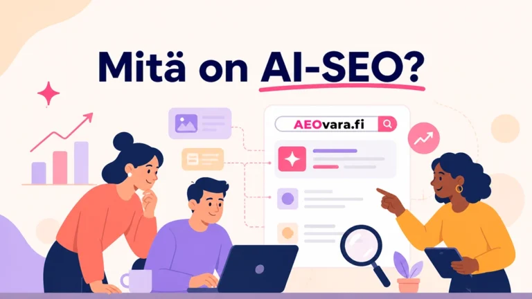 Asiantuntijatiimi tutkii läppärillä AI-SEO-hakutuloksia ja verkkosisällön näkyvyyttä.