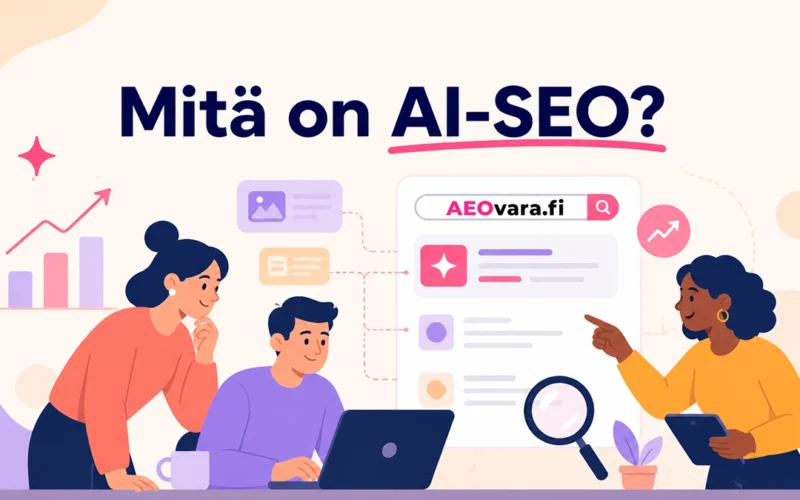 Asiantuntijatiimi tutkii läppärillä AI-SEO-hakutuloksia ja verkkosisällön näkyvyyttä.