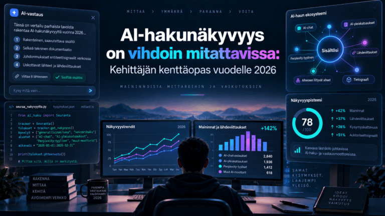 AI-hakukonenäkyvyyden mittauskehikko: maininta, suositus, sitaatti ja tarinatarkkuus tekoälyvastauksissa