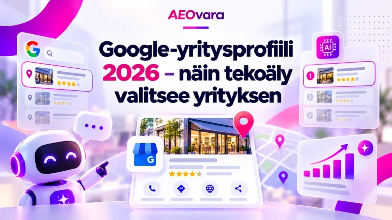 Kuvitus Google-yritysprofiilin ja tekoälyn yhteydestä: yritystietoja, Google-haku, asiakasarvosteluja ja tekoälyn suosittelemia yrityksiä.